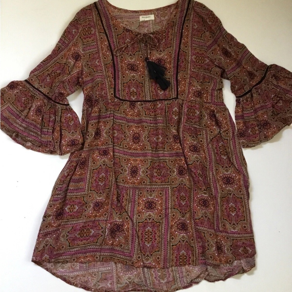 World Market Dress S/M Boho Hippie A-Line Bell Sleeves Tassel